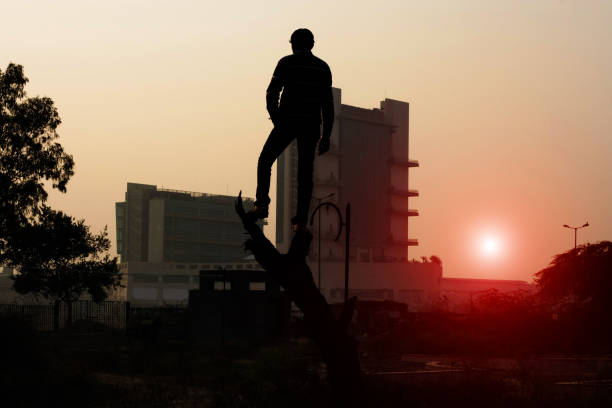Silhouette of young Indian men standing on bare tree near business buildings during sunset time.