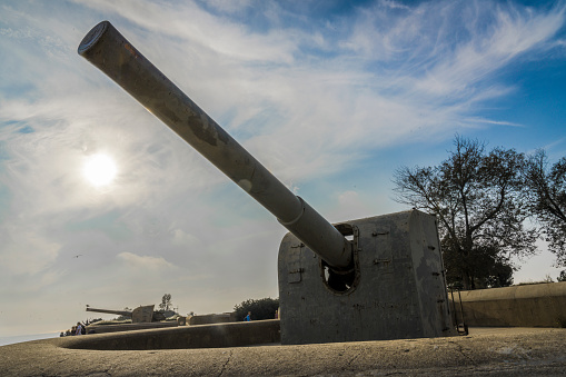 This image capture shows real outdoors Napoleonic Wars cannons at the Castell de Montjuïc in Barcelona, Spain