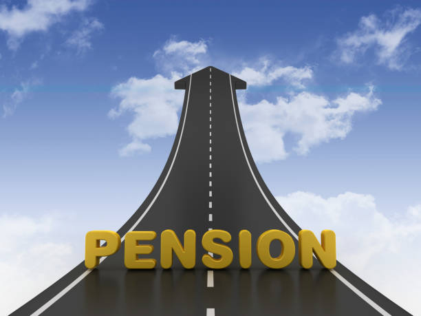 istock Road Arrow with PENSION Word on Sky - 3D Rendering 1199484424