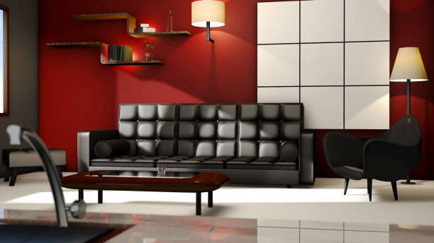 istock Living room 3D CGI render, empty with furniture and red walls 1199484529