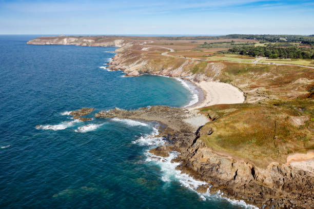 Cape Frehel coastline from the sky Aerial photograph of the Cap Frehel Littoral, commune of Plévenon and Fréhel (22240) in the Côtes-d'Armor department, Brittany region, France. October 09, 2019. frehal photos stock pictures, royalty-free photos & images