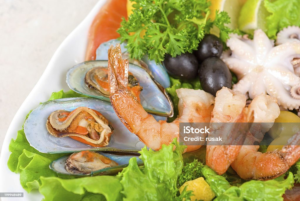 Conjunto de frutos do mar - Foto de stock de Alface royalty-free