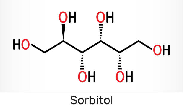 Sorbitol, glucitol molecule. It is polyhydric alcohol with a sweet taste. Skeletal chemical formula Sorbitol, glucitol molecule. It is polyhydric alcohol with a sweet taste. Skeletal chemical formula. Illustration vitamin c chemical formula stock illustrations
