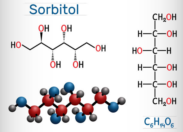 Sorbitol, glucitol molecule. It is polyhydric alcohol with a sweet taste. Structural chemical formula and molecule model Sorbitol, glucitol molecule. It is polyhydric alcohol with a sweet taste. Structural chemical formula and molecule model. Vector illustration vitamin c chemical formula stock illustrations