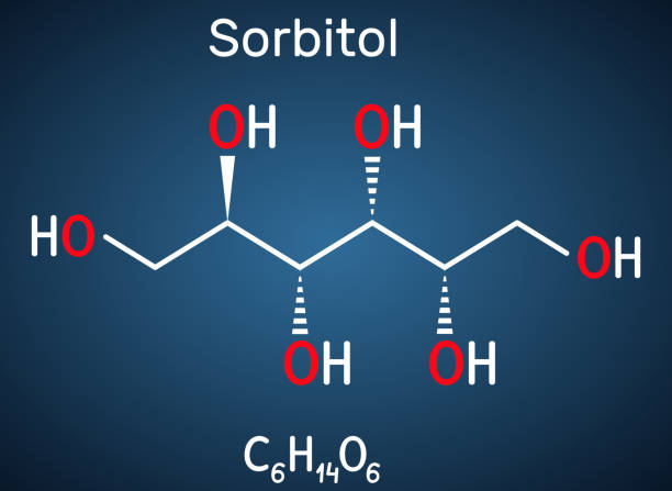 Sorbitol, glucitol molecule. It is polyhydric alcohol with a sweet taste. Structural chemical formula on the dark blue background Sorbitol, glucitol molecule. It is polyhydric alcohol with a sweet taste. Structural chemical formula on the dark blue background. Vector illustration vitamin c chemical formula stock illustrations
