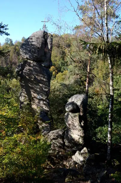 The Kerzenstein is a famous rock formation in the Mühlviertel region in Upper Austria. It was a ritual place in prehistoric times. The nearby Pesenbach is a small river which flows into the Danube.