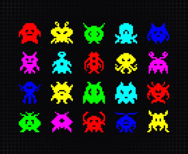 Set of Colorful Pixel Art Monsters or Aliens Set of Colorful Pixel Art Monsters or Aliens computer virus stock illustrations