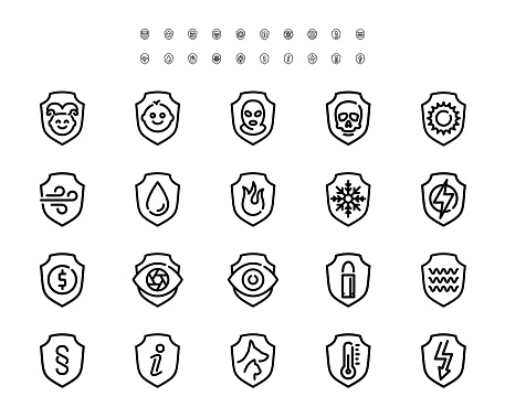 Resistance, Protection from External Influence and Guarding Related Vector Icon Set in Outline Style, 48x48 Pixel Perfect