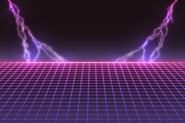 illustrations, cliparts, dessins animés et icônes de grille laser avec des boulons de foudre. modèle futuriste rétro dans le modèle des années 80. synthwave, retrowave, thème vaporwave - synthesizer