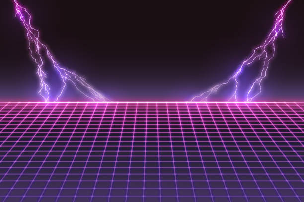 ilustrações de stock, clip art, desenhos animados e ícones de laser grid with bolts of lightning. retro futuristic template in 80s style. synthwave, retrowave, vaporwave theme - synthesizer