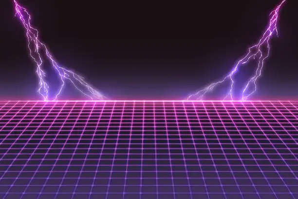 Vector illustration of Laser Grid with Bolts of Lightning. Retro Futuristic Template in 80s Style. Synthwave, Retrowave, Vaporwave Theme