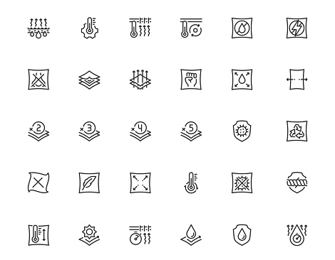 Properties of Fabrics and Clothes Icon Set in Outline Style