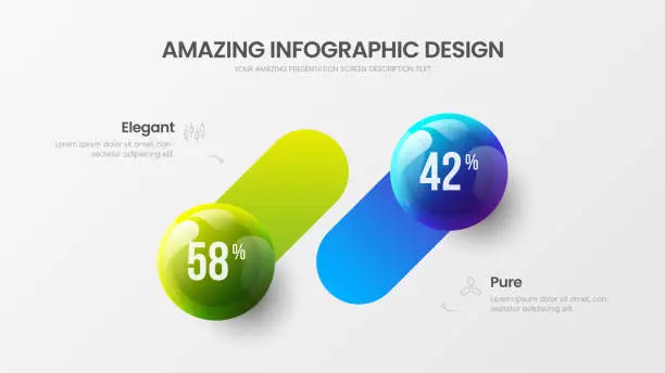 Vector illustration of Business 2 option infographic presentation vector 3D colorful balls illustration.  Corporate marketing analytics data report design layout. Company statistics information graphic visualization template.
