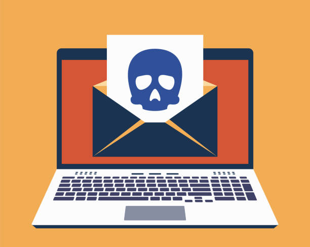 Laptop, E-Mail on Its Screen and Paper Leaf With Icon of Skull on It. Computer Virus Infected Mail Concept. Vector Illustration in Flat Design Style Laptop, E-Mail on Its Screen and Paper Leaf With Icon of Skull on It. Computer Virus Infected Mail Concept. Vector Illustration in Flat Design Style cruel stock illustrations