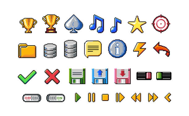 Pixel Art Style Icons Collection on White Background vector art illustration