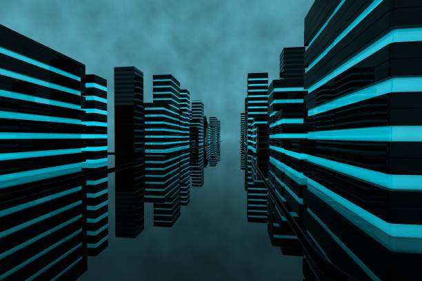 istock Futuristic City 3d cgi render with blue lit buildings and very reflective glass surfaces 1199488639