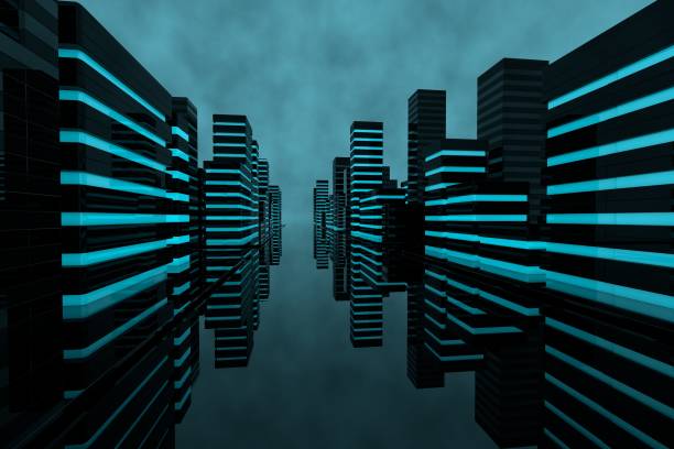 istock Futuristic City 3d cgi render with blue lit buildings and very reflective glass surfaces 1199488714