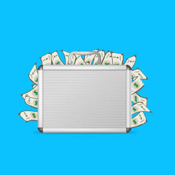 Vector illustration of Realistic 3d Detailed Blank Aluminum Suitcase with Money. Vector