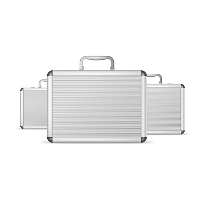 Realistic 3d Detailed Blank Aluminum Suitcase with Handle Set for Protection. Vector illustration of Metal Business Bag or Briefcase