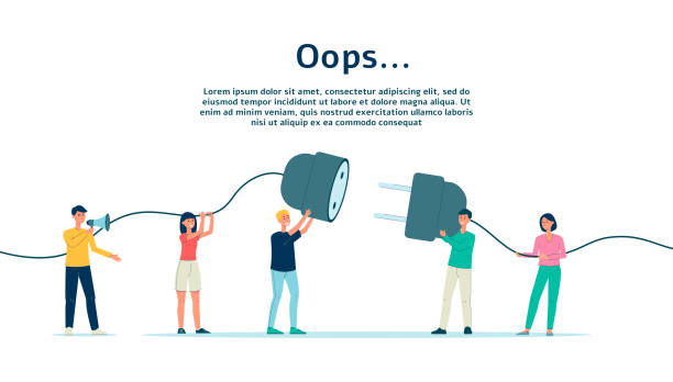 404 connection error banner with people flat vector illustration isolated. 404 connection error banner with people holding wire plug and socket flat cartoon vector illustration isolated on white background. Oops, page not found warning. repairing construction site construction web page stock illustrations