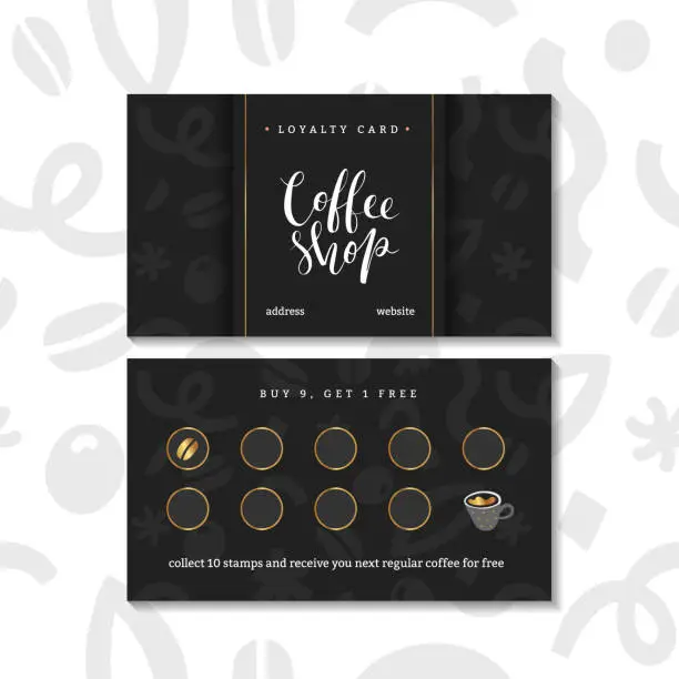 Vector illustration of Coffee card, loyalty programf or coffee  shop or cafe. Pre-made layout, special offer for customers to collect stamps, buy 9 get one free. Modern simple design with doodle illustrations and lettering.