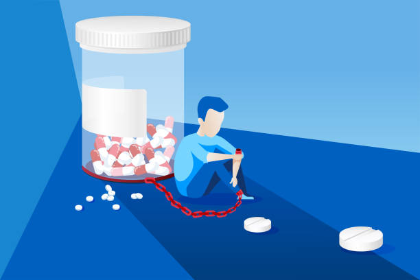 illustrazioni stock, clip art, cartoni animati e icone di tendenza di vettore di un uomo malato con dipendenza da antidolorifici incatenato alla bottiglia di pillole - assuefazione