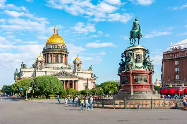 St. Isaac's Cathedral and Tzar Nicholas I monument on Isaac square, Saint Petersburg, Russia