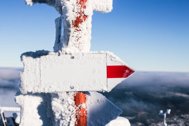 istock Wooden signpost with snow on it. Copy space 1199499936