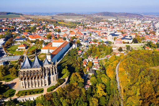 View from drone of Czech town Kutna Hora with medieval Saint Barbara Cathedral