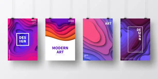 Vector illustration of Posters with colorful paper cut designs, isolated on white background