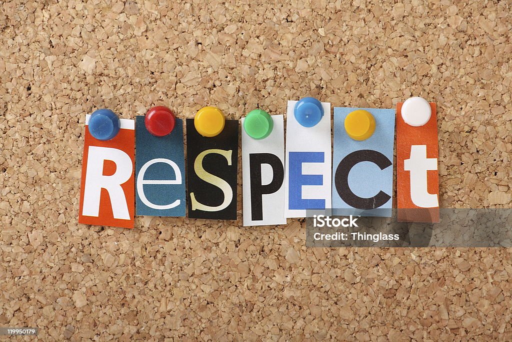 Tacked letters of different fonts spell out respect on cork The word Respect in cut out magazine letters pinned to a cork notice board Respect Stock Photo