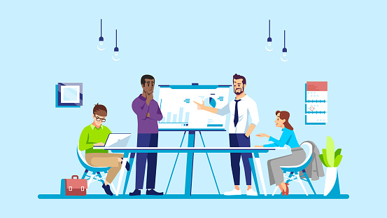 Business training flat vector illustration. Corporate meeting, conference, business course. Coworkers, partners, colleagues discussing task isolated cartoon characters. Office work, teamwork concept