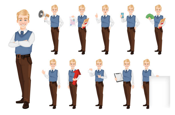 ilustrações de stock, clip art, desenhos animados e ícones de successful business man in office style clothes - isolated confidence business white background