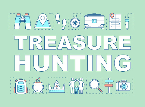 Treasure hunting word concepts banner. Family time together. Geocaching. Search for treasure. Presentation, website. Isolated lettering typography idea, linear icons. Vector outline illustration