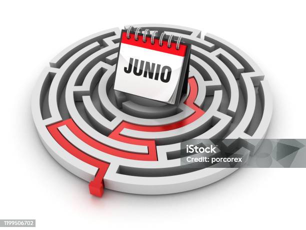 Circular Maze With Junio Calendar Spanish Word 3d Rendering Stock Photo - Download Image Now