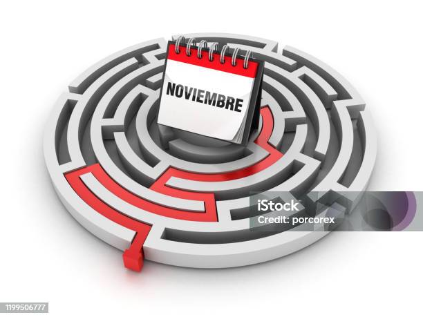 Circular Maze With Noviembre Calendar Spanish Word 3d Rendering Stock Photo - Download Image Now