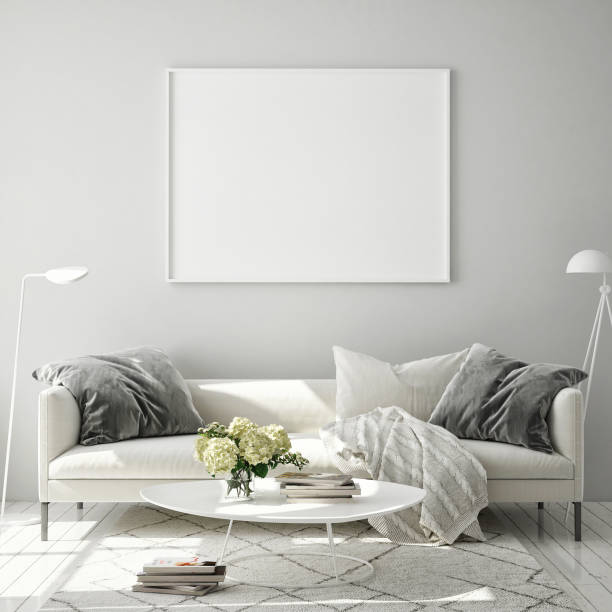 istock mock up poster frame in modern interior background, scandinavian style, 3D render 1199508578