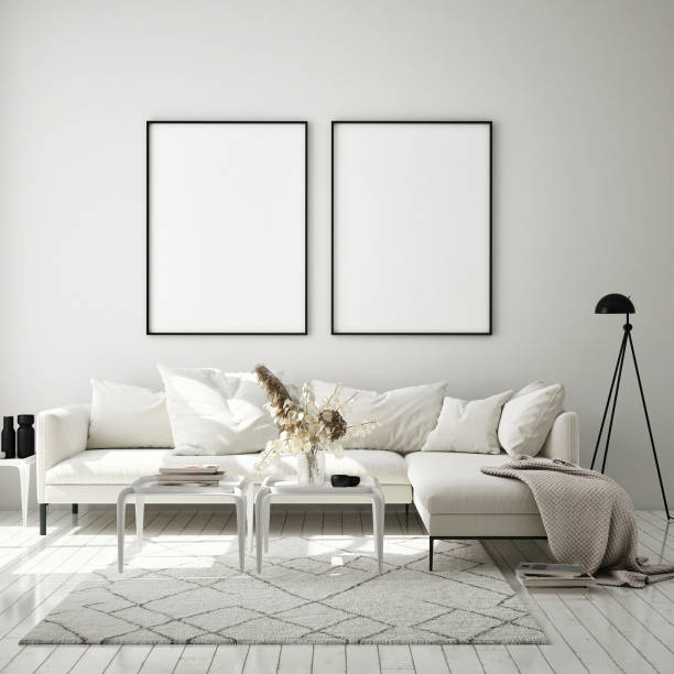 istock mock up poster frame in modern interior background, scandinavian style, 3D render 1199508586