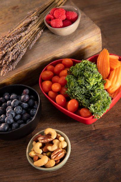 Vegetables and fruit on a wood table
