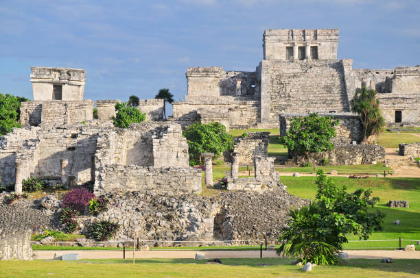 Tulum, the site of a pre Columbian Mayan walled city serving as a major port for Coba, in the Mexican state of Quintana Roo, Mexico. stock photo