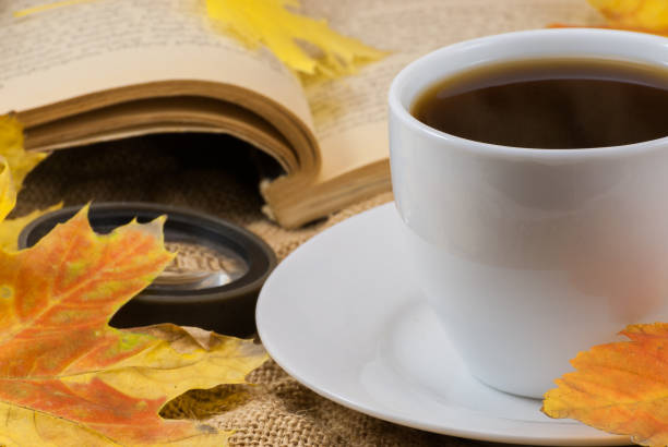 istock Autumn composition. Cup of coffee with book on autumn background. Autumn elegant concept. Close up 1199509727