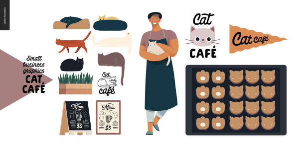 Cat cafe - small business graphics - owner, cats and cookies Cat cafe -small business graphics -owner, cats and cookies. Modern flat vector concept illustrations - man wearing apron petting a cat, interior decoration, cookies in cat shape, logo, cats milk tea logo stock illustrations