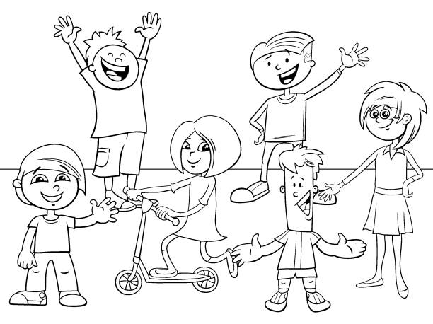 ilustraciones, imágenes clip art, dibujos animados e iconos de stock de niños y adolescentes personajes para colorear página de libro - niña y niño libro para colorear