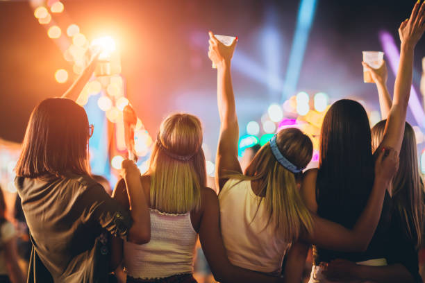 vista sul retro del gruppo di ragazze che si divertono al festival musicale - popular music concert music festival crowd music foto e immagini stock