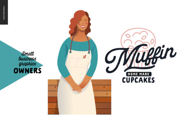 Owners - small business graphics - muffins Muffins, home made cupcakes -small business owners graphics -owner. Modern flat vector concept illustrations - young woman wearing white apron, standing at the wooden counter. Shop logo small business owner stock illustrations