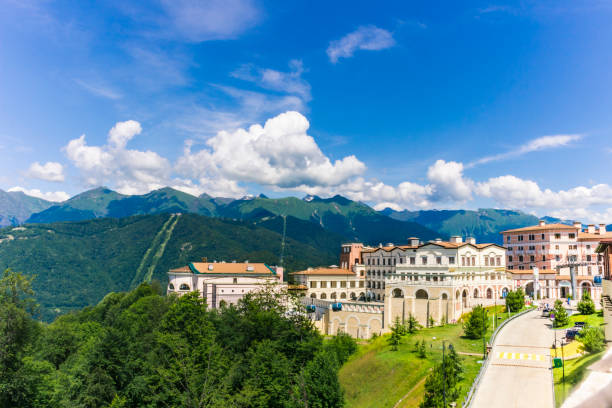 Scenic view of a luxury hotel in the mountains just enjoy the view. luxury residential complex in the mountains sochi stock pictures, royalty-free photos & images