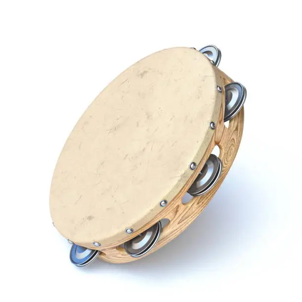 Wooden tambourine 3D render illustration isolated on white background