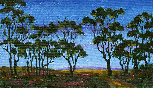 Oil Painting Australian Gum Trees at Twilight vector art illustration