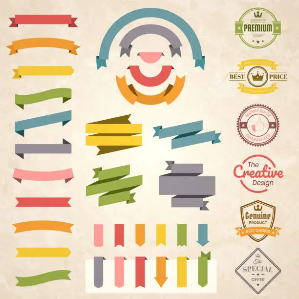 Vector illustration of Set of Colorful Vintage Ribbons, Banners, badges, Labels - Design Elements on retro background