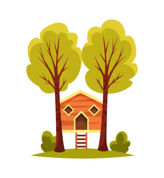 Vector illustration of Tree house. Children playground with swing and ladder. Flat style vector illustration. Tree house for playing and parties. House on tree for kids. Wooden town, rope park between green foliage